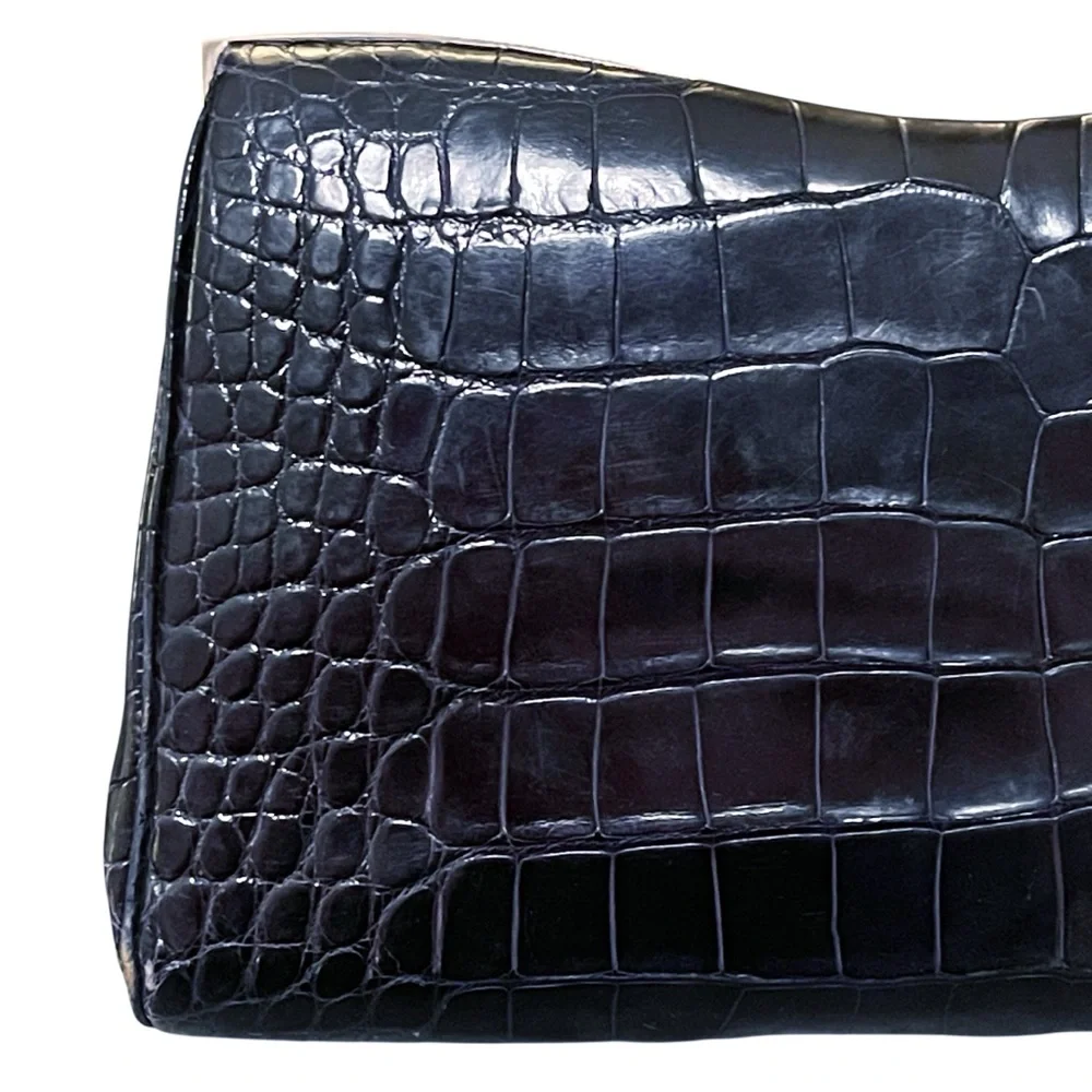 Judith Leiber Midnight Blue Alligator Clutch W/Silver Tone‎ & Lapis Stone Frame